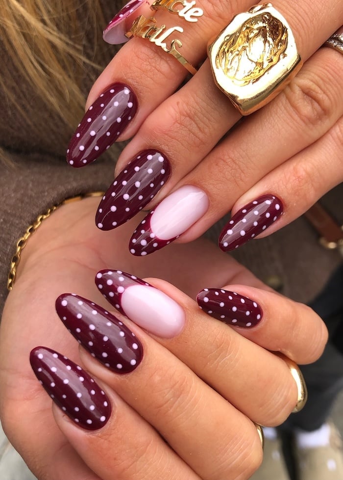 Burgundy Polka Dot Long Oval Nails Burgundy Polka Dot Long Oval Nails — Cute Wine Nails