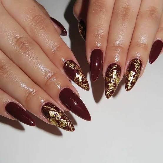 Burgundy Gold Foil Long Stiletto Nails Burgundy Gold Foil Long Stiletto Nails — Cute Wine Nails