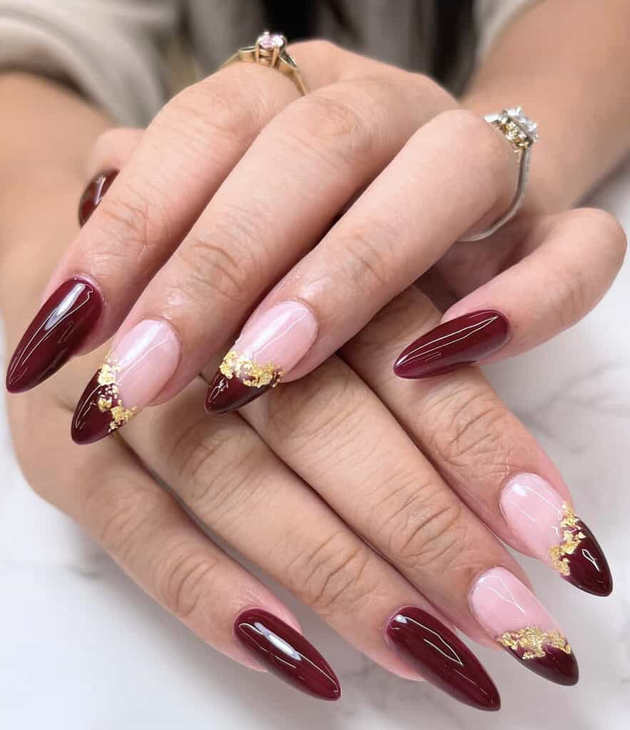 Burgundy Light Pink Gold Foil Cuticle Nails Burgundy Light Pink Gold Foil Cuticle Nails — Cute Wine Nails