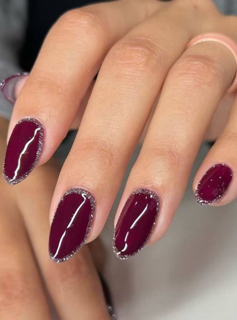 Deep Wine Red Glitter Cuticle Line Oval Nails Deep Wine Red Glitter Cuticle Line Oval Nails — Cute Wine Nails