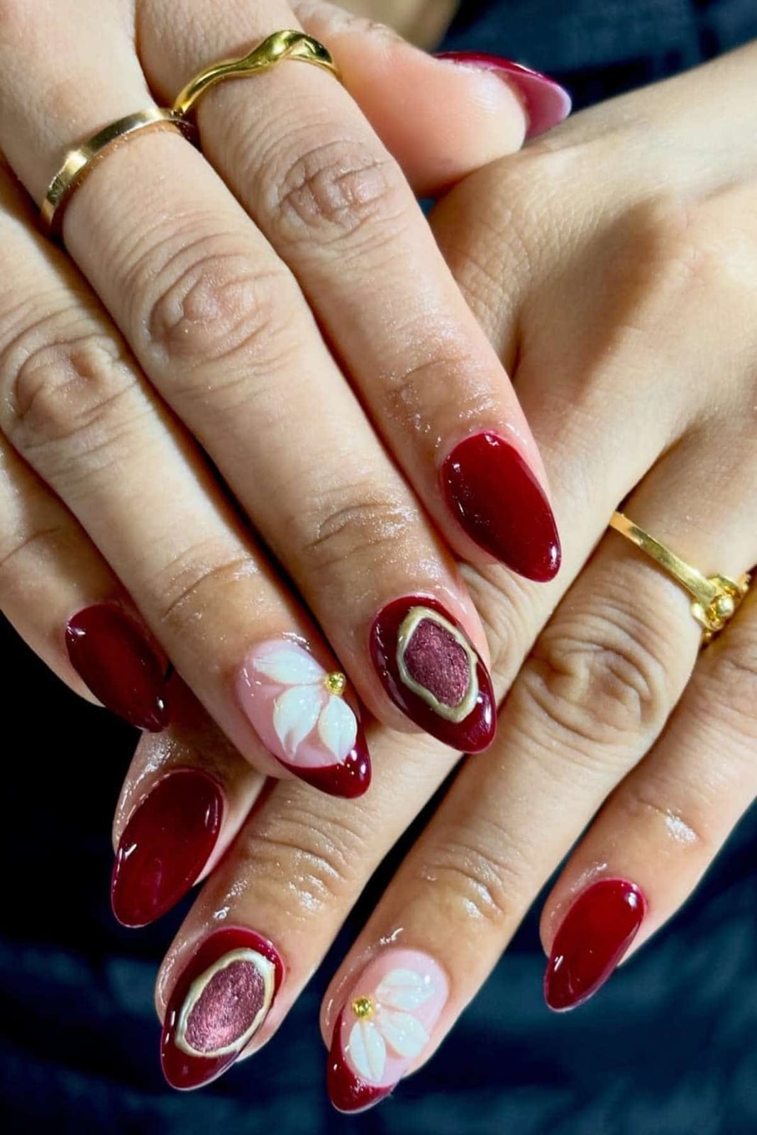 Burgundy 3D Flower Gem Accent Oval Nails Burgundy 3D Flower Gem Accent Oval Nails — Cute Wine Nails