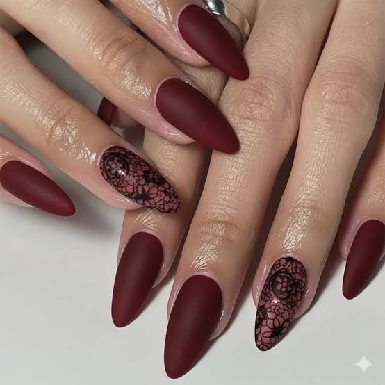 Burgundy Matte Velvet Lace Accent Stiletto Nails Burgundy Matte Velvet Lace Accent Stiletto Nails — Cute Wine Nails