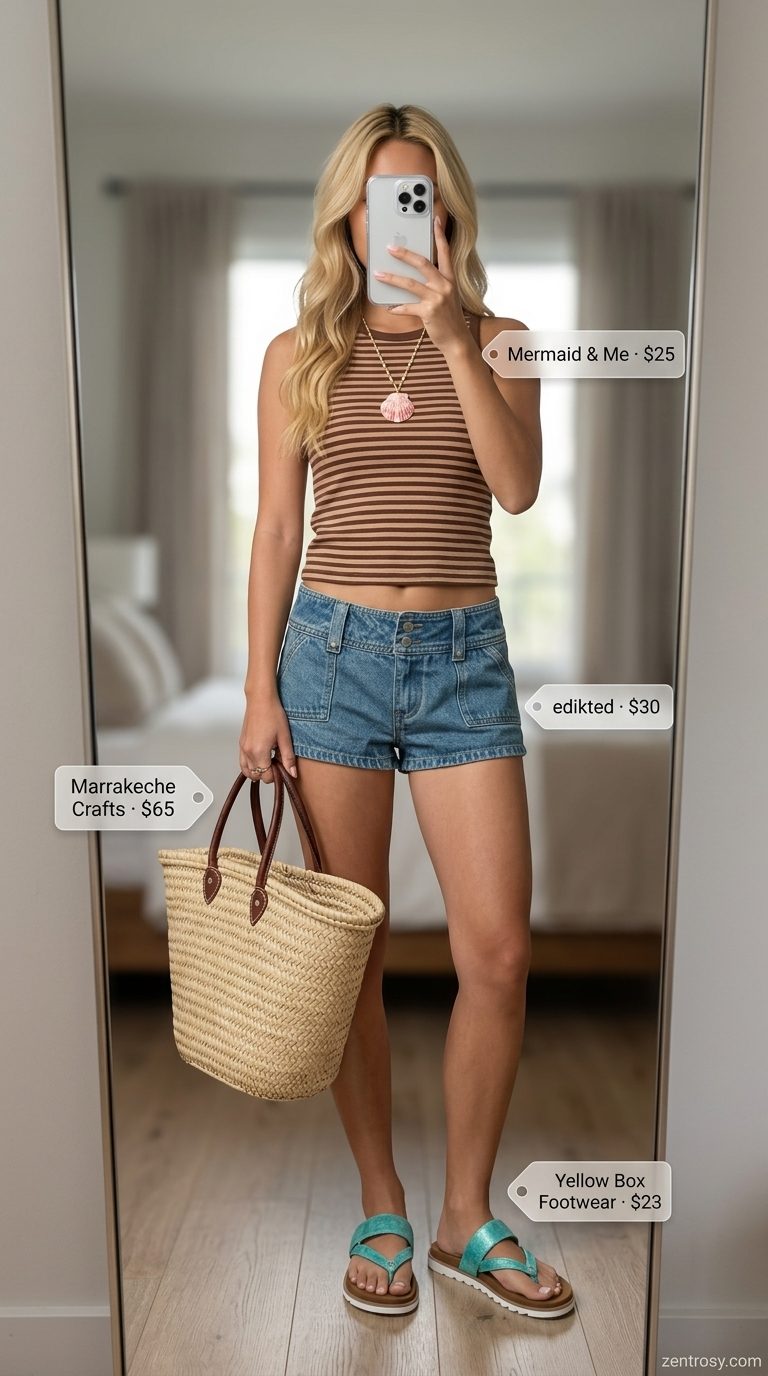 Cute Y2K Summer Outfits 2026: Beach Babe Cute Y2K summer outfits for women 2026: Crochet halter top, denim shorts, straw tote, and flip-flops.