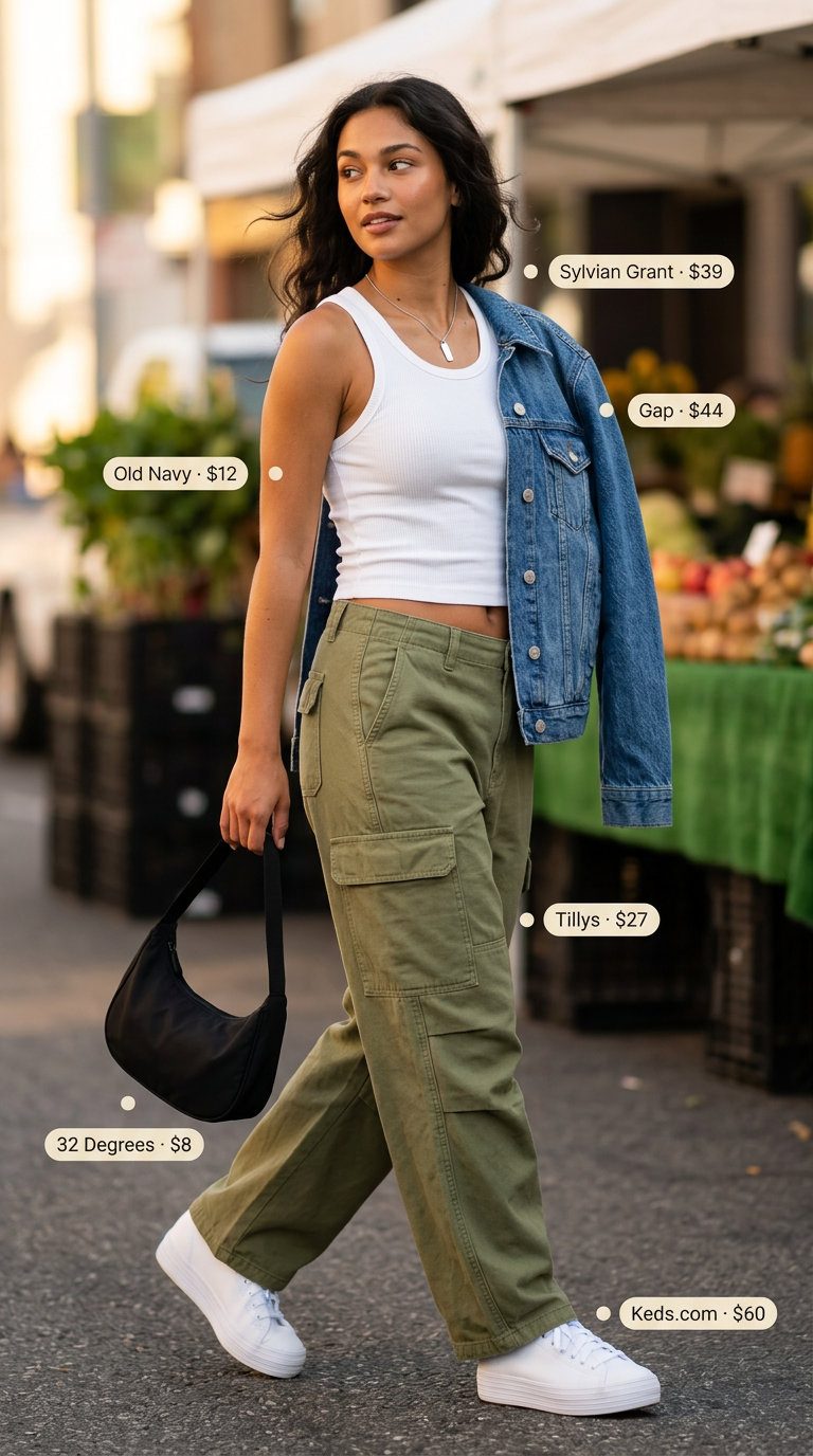 Cute Y2K Summer Outfits 2026: California Cool Cute Y2K summer outfits for women 2026: Olive cargo pants, white tank, denim jacket, chunky sneakers, and crossbody bag.