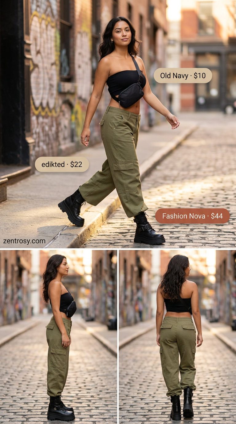Cute Y2K Summer Outfits 2026: Cargo Pants Cute Y2K summer outfit: khaki cargo pants, black tube top, combat boots for a concert.