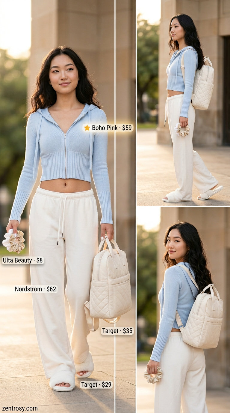 Cute Y2K Summer Outfits 2026: Cozy Comfort Cute Y2K summer outfits for women 2026: Pastel blue hoodie, cream sweatpants, fluffy slides, and nylon backpack.