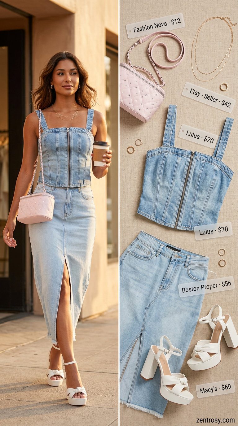 Cute Y2K Summer Outfits 2026: Denim Darling Cute Y2K summer outfits for women 2026: Denim midi skirt, denim bustier top, platform sandals, and pink bag.