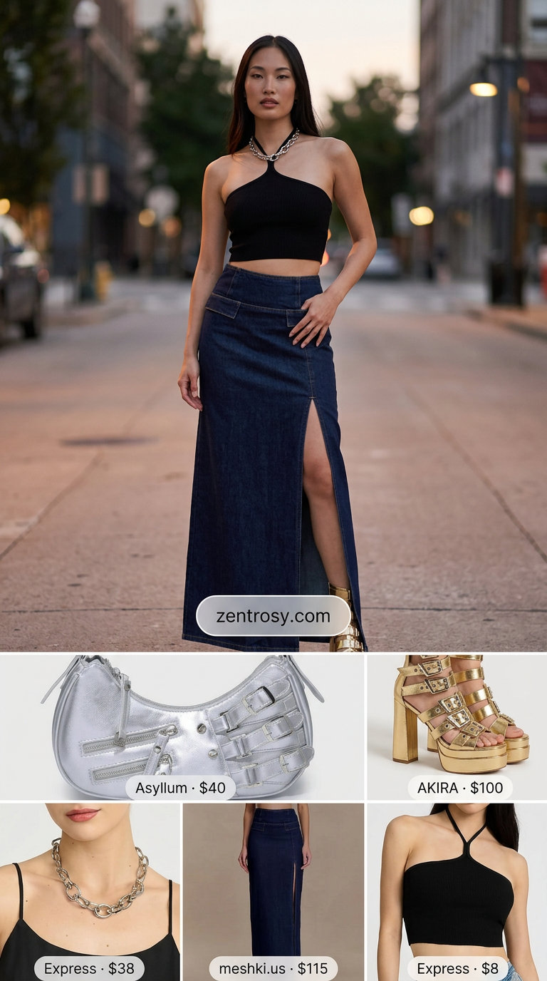 Cute Y2K Summer Outfits 2026: Denim Maxi Cute Y2K summer outfits for women 2026: Denim maxi skirt, halter crop top, platform sandals, and chain bag.