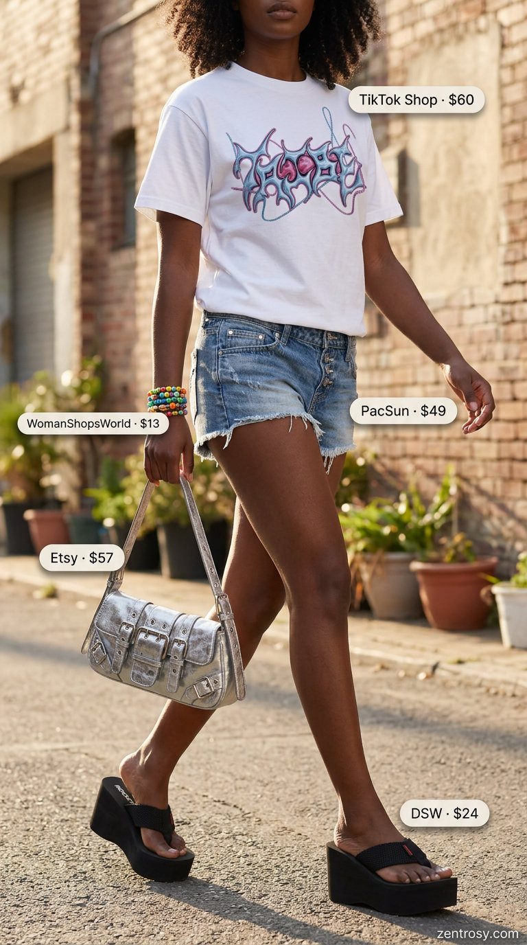 Cute Y2K Summer Outfits 2026: Graphic Tee Cute Y2K summer outfit: graphic tee, low-rise denim shorts, chunky flip-flops for a casual outing.
