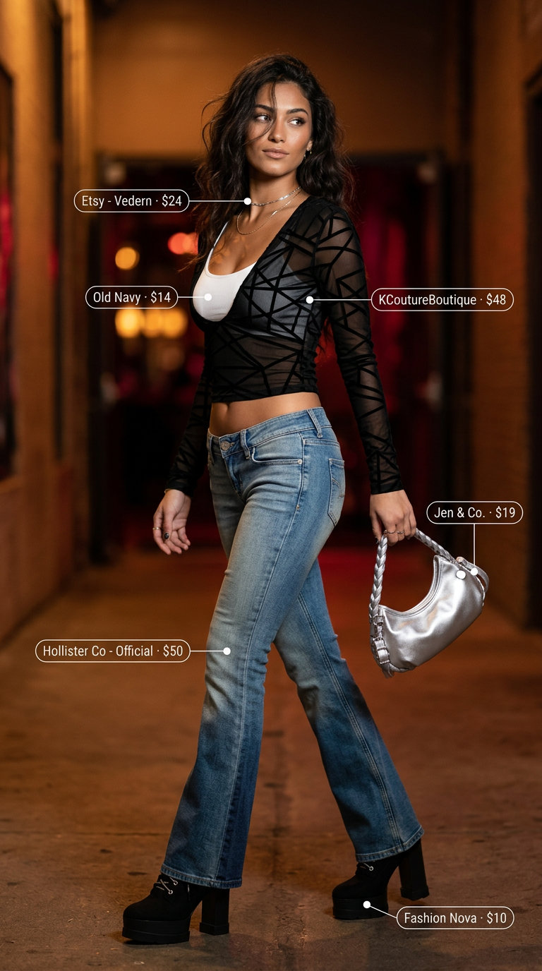 Cute Y2K Summer Outfits 2026: Mesh Top & Jeans Cute Y2K summer outfit: black mesh top, white bralette, low-rise flare jeans, platform boots for a concert.