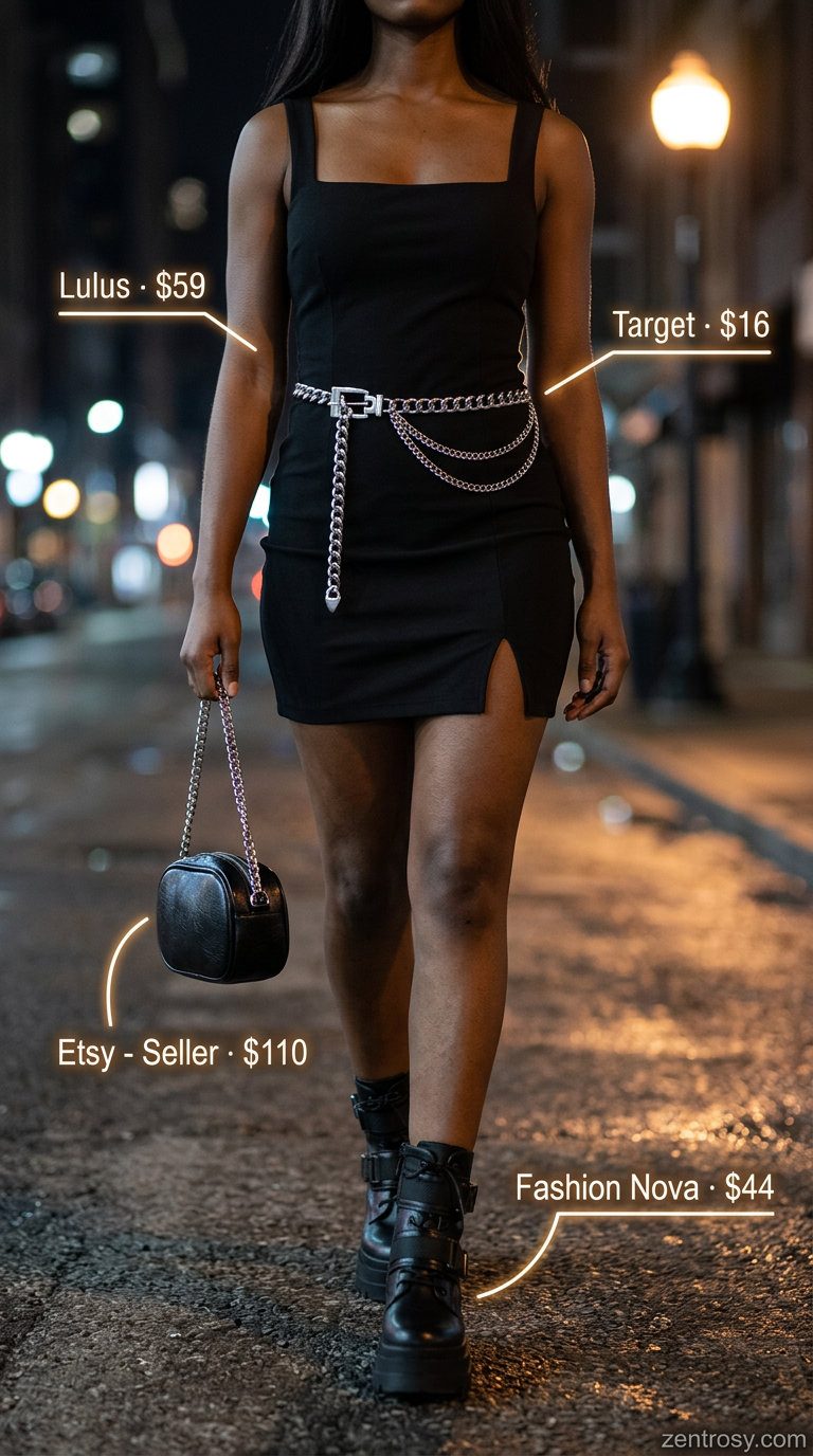 Cute Y2K Summer Outfits 2026: Mini Dress Cute Y2K summer outfit: black mini dress, combat boots, silver chain belt for a night out.