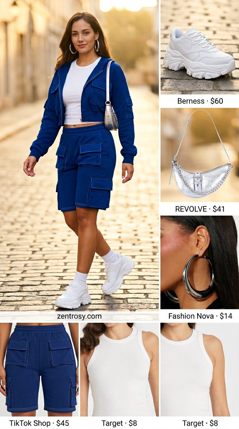 Cute Y2K Summer Outfits 2026: Monochrome Cargo Cute Y2K summer outfits for women 2026: Blue cargo set, white tank, chunky sneakers, and chain bag.