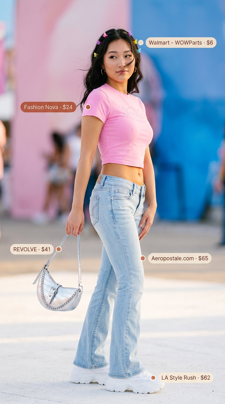 Cute Y2K Summer Outfits 2026: Retro Pop Star Cute Y2K summer outfits for women 2026: Pink graphic baby tee, low-rise flare jeans, platform sneakers, and butterfly clips.
