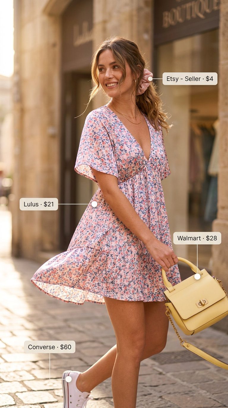 Cute Y2K Summer Outfits 2026: Sweetheart Dress Cute Y2K summer outfit: pastel pink floral babydoll dress, white sneakers, yellow mini bag for a date or picnic.