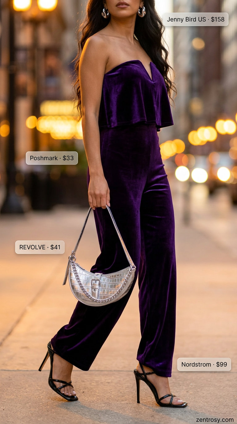 Cute Y2K Summer Outfits 2026: Velvet Jumpsuit Cute Y2K summer outfit: deep purple velvet jumpsuit, black heels, silver bag for an evening out.