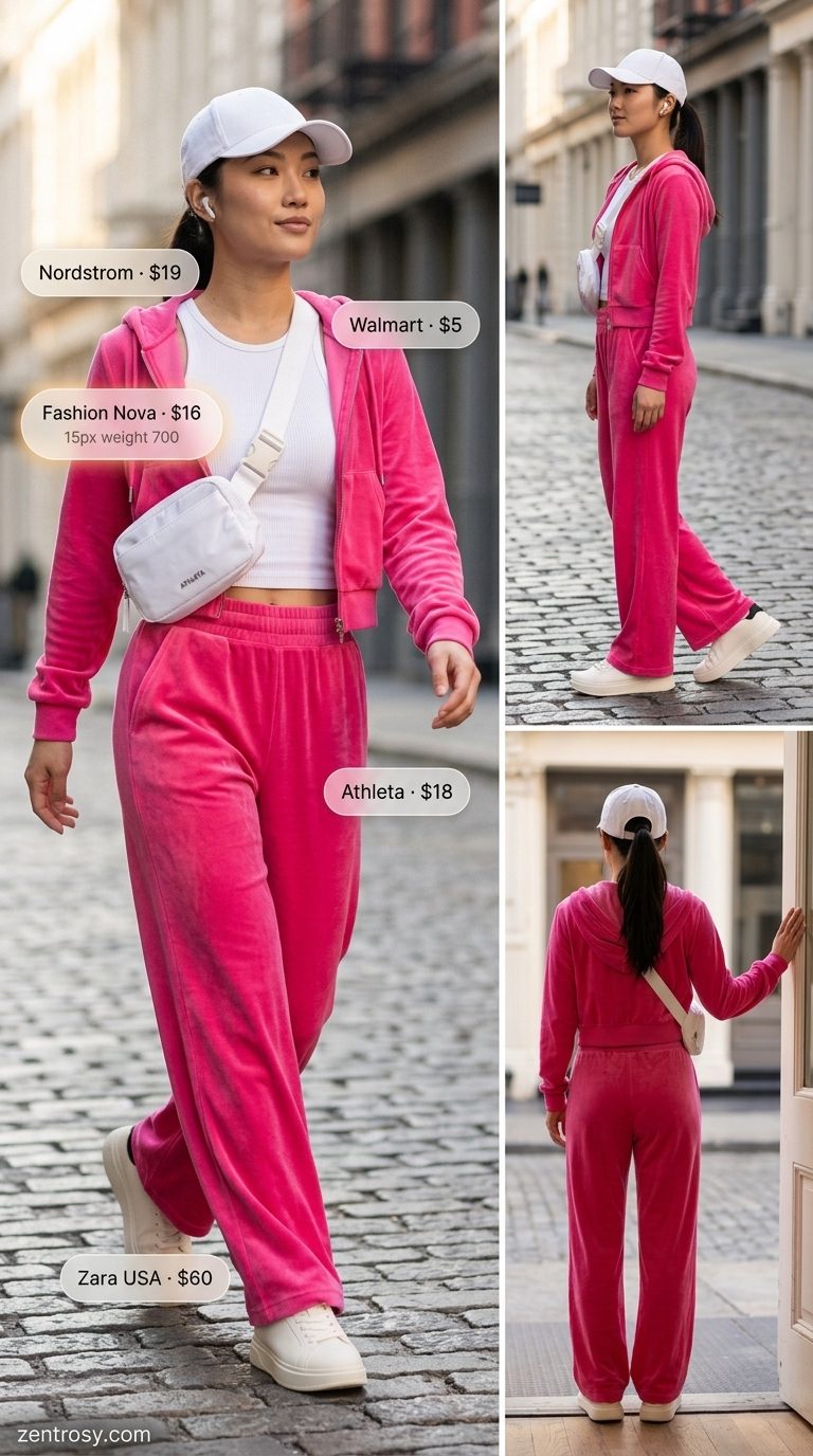 Cute Y2K Summer Outfits 2026: Velvet Vibe Set Cute Y2K summer outfits for women 2026: Hot pink velour tracksuit, white tank, baseball cap, and chunky sneakers.