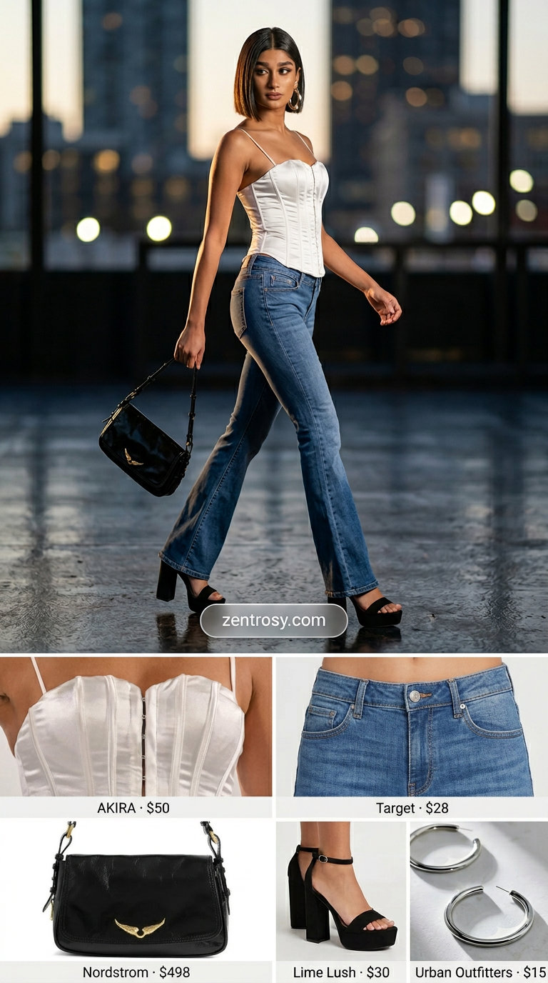 Y2K Corset Cutie 2026: Night Out Style Cute Y2K summer outfit: White corset top, blue low-rise flare jeans, black platform heels for night out.
