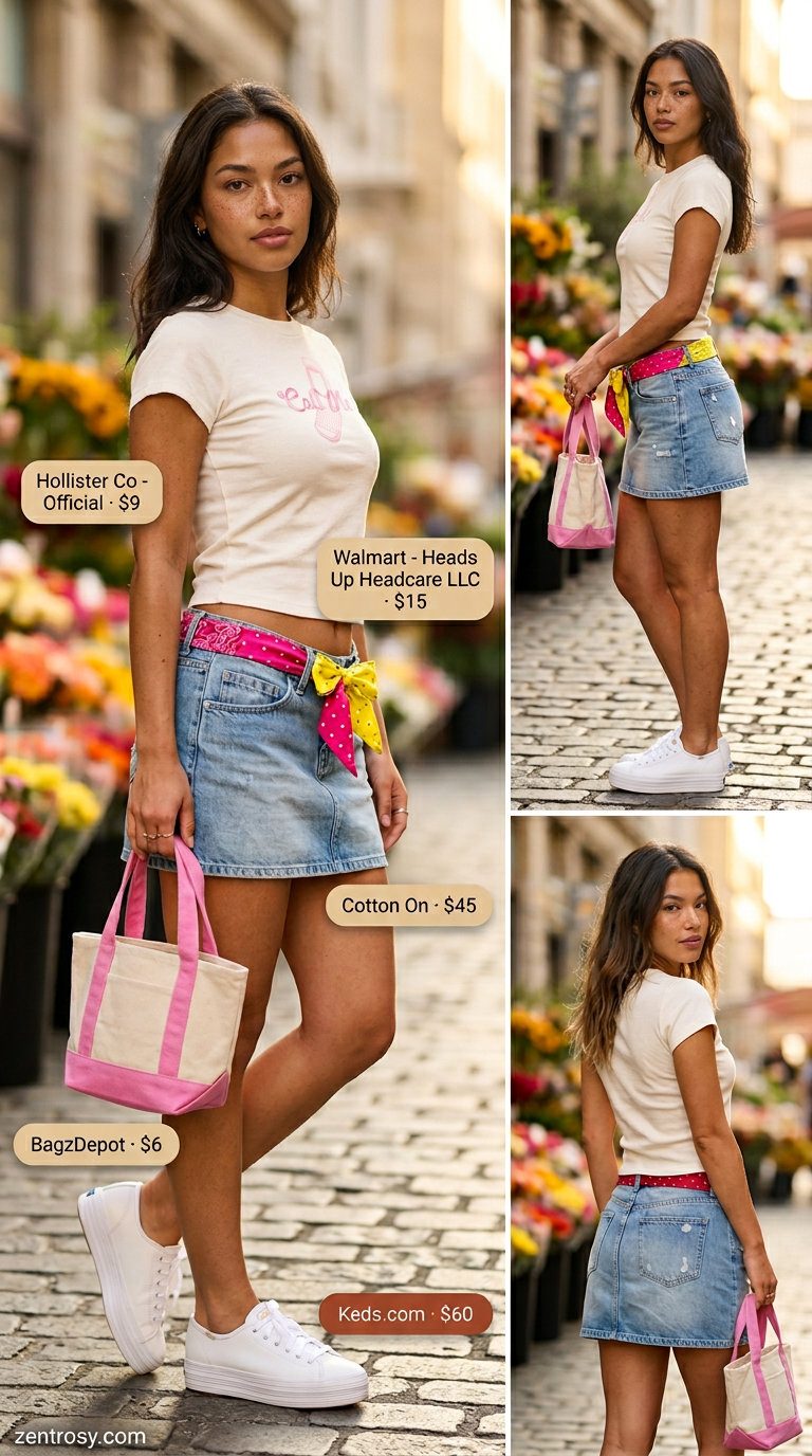 Denim Darling Mini Skirt 2026: Casual Style Cute Y2K summer outfit: Light blue denim mini skirt, graphic baby tee, platform sneakers for casual day out.