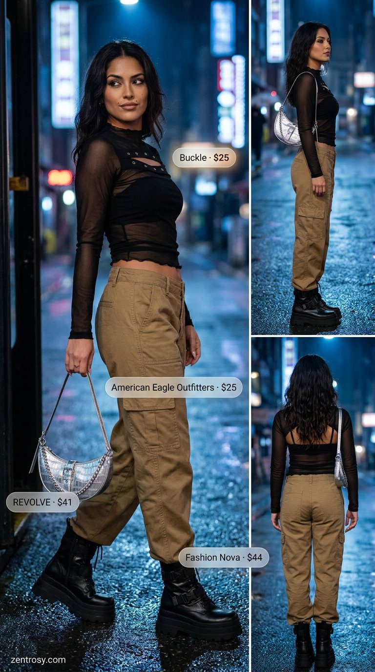 Mesh Overlay Dream 2026: Clubbing Style Cute Y2K summer outfit: Sheer black mesh top, low-rise cargo pants, platform boots for edgy night out.