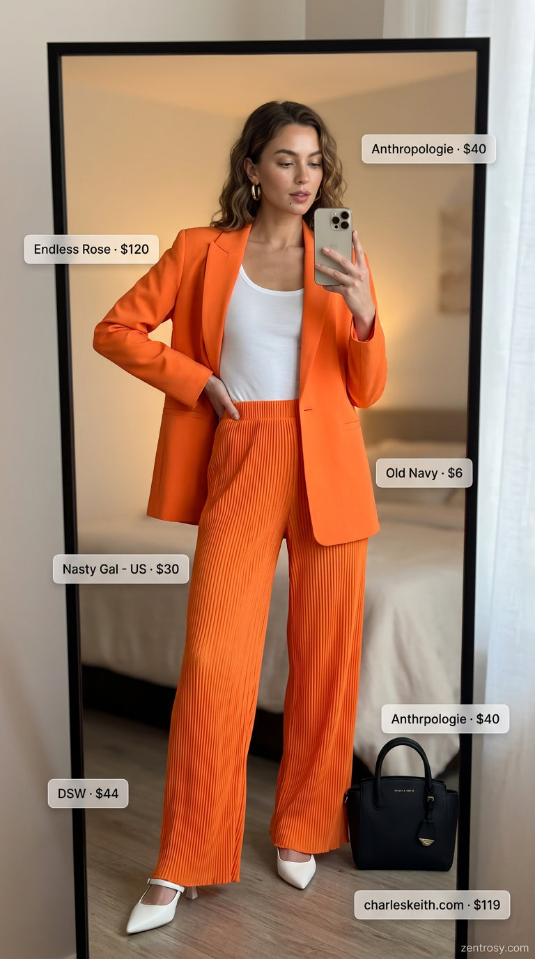 Y2K Power Dressing 2026: Chic Ensemble Cute Y2K summer outfit: Bright orange blazer, white tank, matching wide-leg trousers for fashion-forward events.