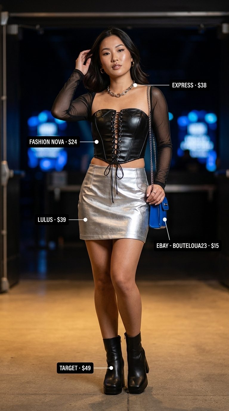 Cyberpunk Dreamer 2026: Edgy Night Out Cute Y2K summer outfit: Silver metallic mini skirt, black corset top, platform boots for edgy night out.