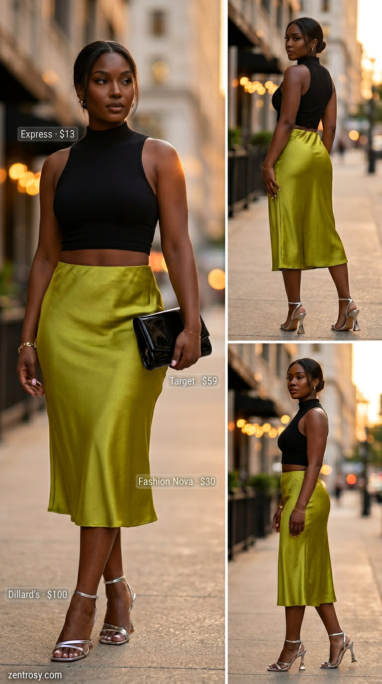 Shimmering Slip Skirt 2026: Chic Evening Style Cute Y2K summer outfit: Lime green slip skirt, black crop top, silver sandals for chic evening out.