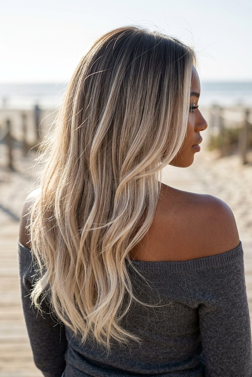 long layered haircut with dark ash brown root and icy beige blonde for sun-drenched look