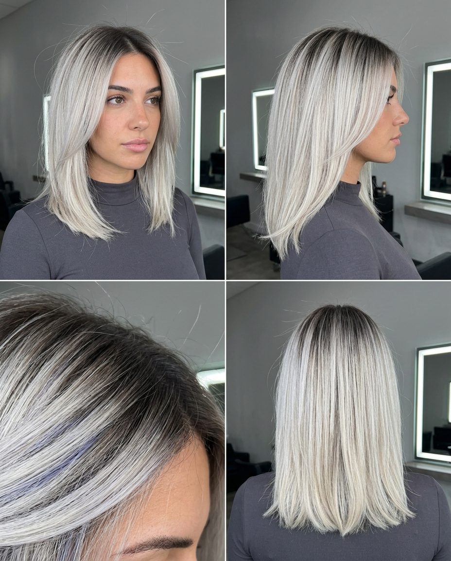 Platinum Ash Root Shadow Blonde 2026 long ash blonde with dark ash root shadow to platinum ash blonde, bleached ends, no fringe — edgy festival look