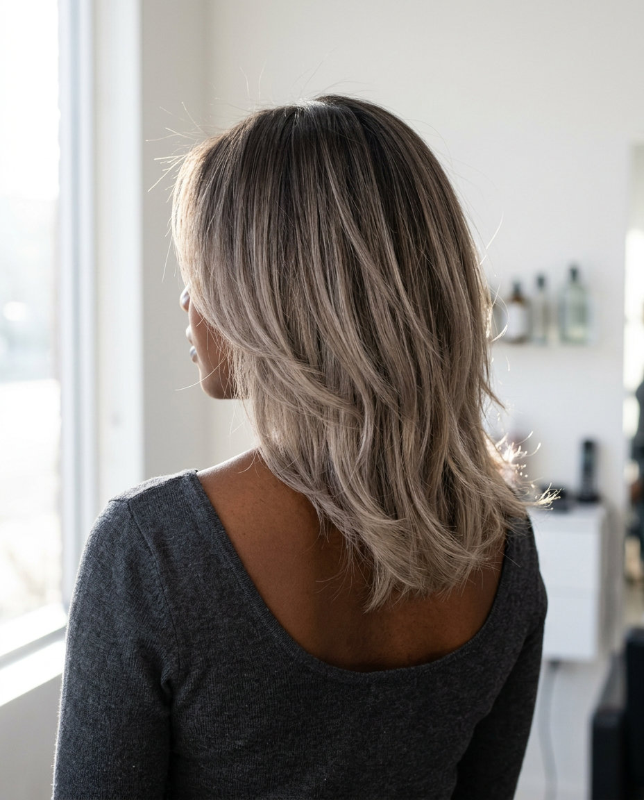 Smoky Ash Root Melt Blonde 2026 long ash blonde with smoky ash root melt, balayage, no fringe — effortless casual look