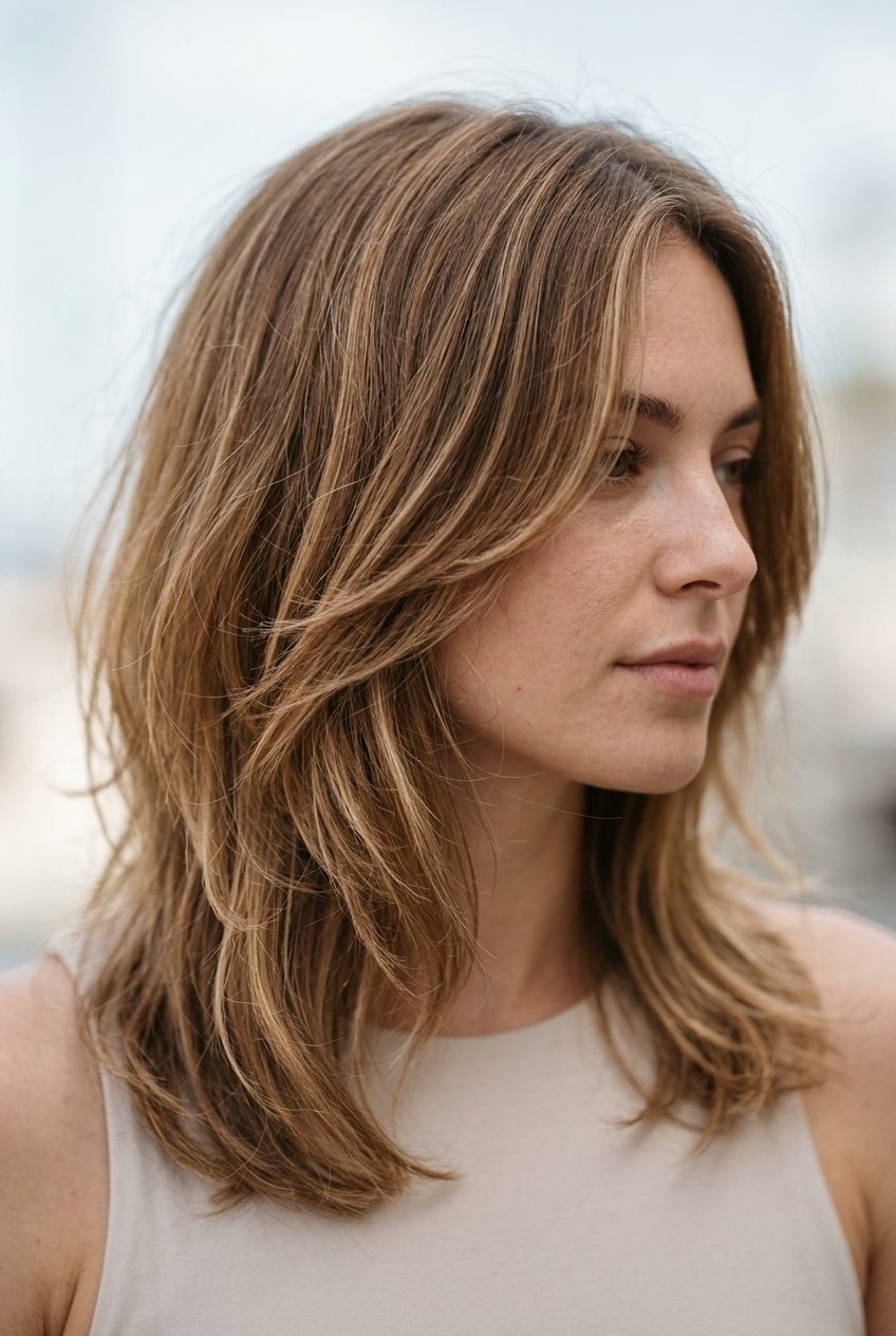 collarbone-length wavy shag haircut in dark blonde with sun-kissed babylights and feathered bangs for ethereal look