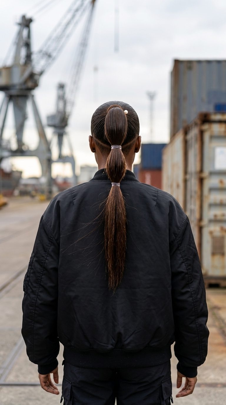 long dark brown sleek ponytail with clear gloss, undercut nape, for edgy street style