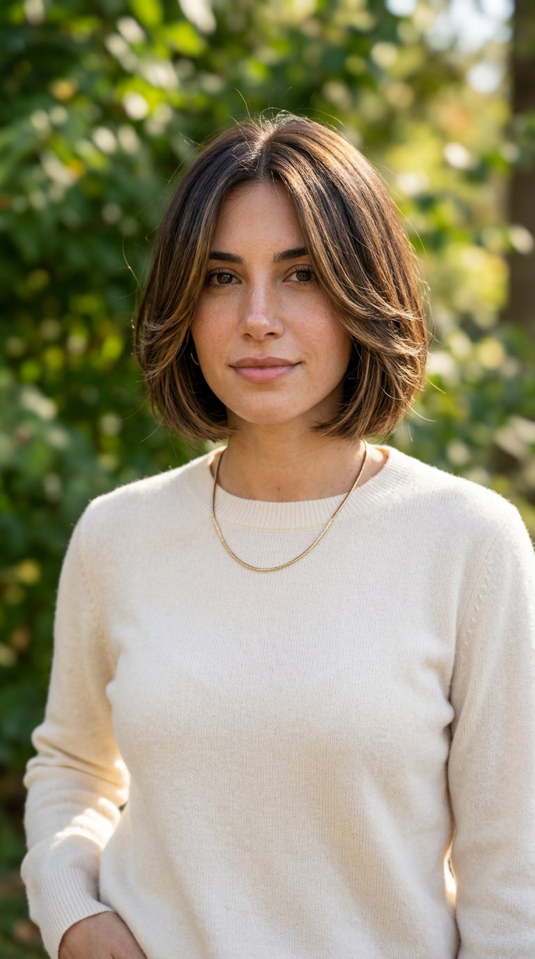 short bob haircut with natural dark brown and caramel babylights, face-framing layers, wispy curtain fringe — soft and youthful