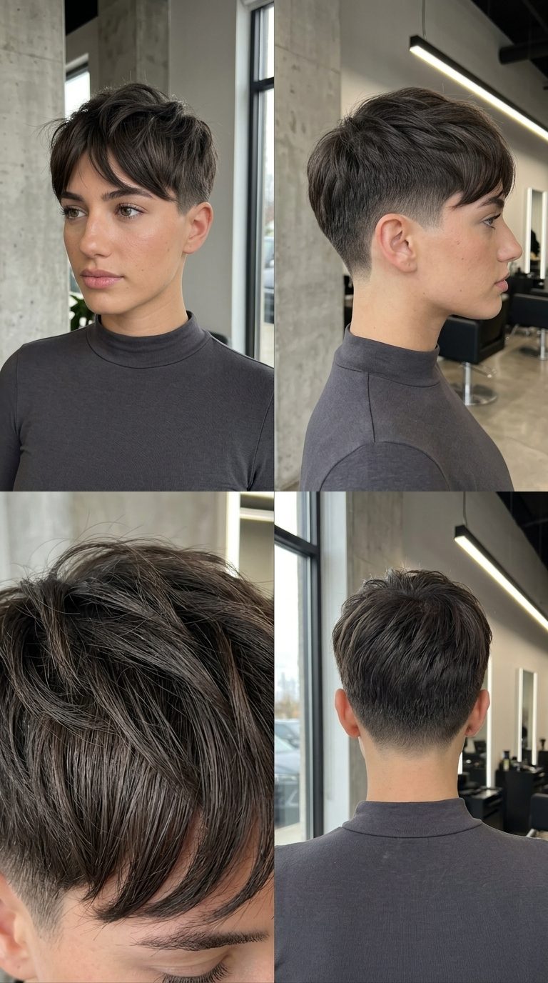 short textured French Crop haircut in dark brown with matte finish, clipper fade, textured fringe — edgy summer style