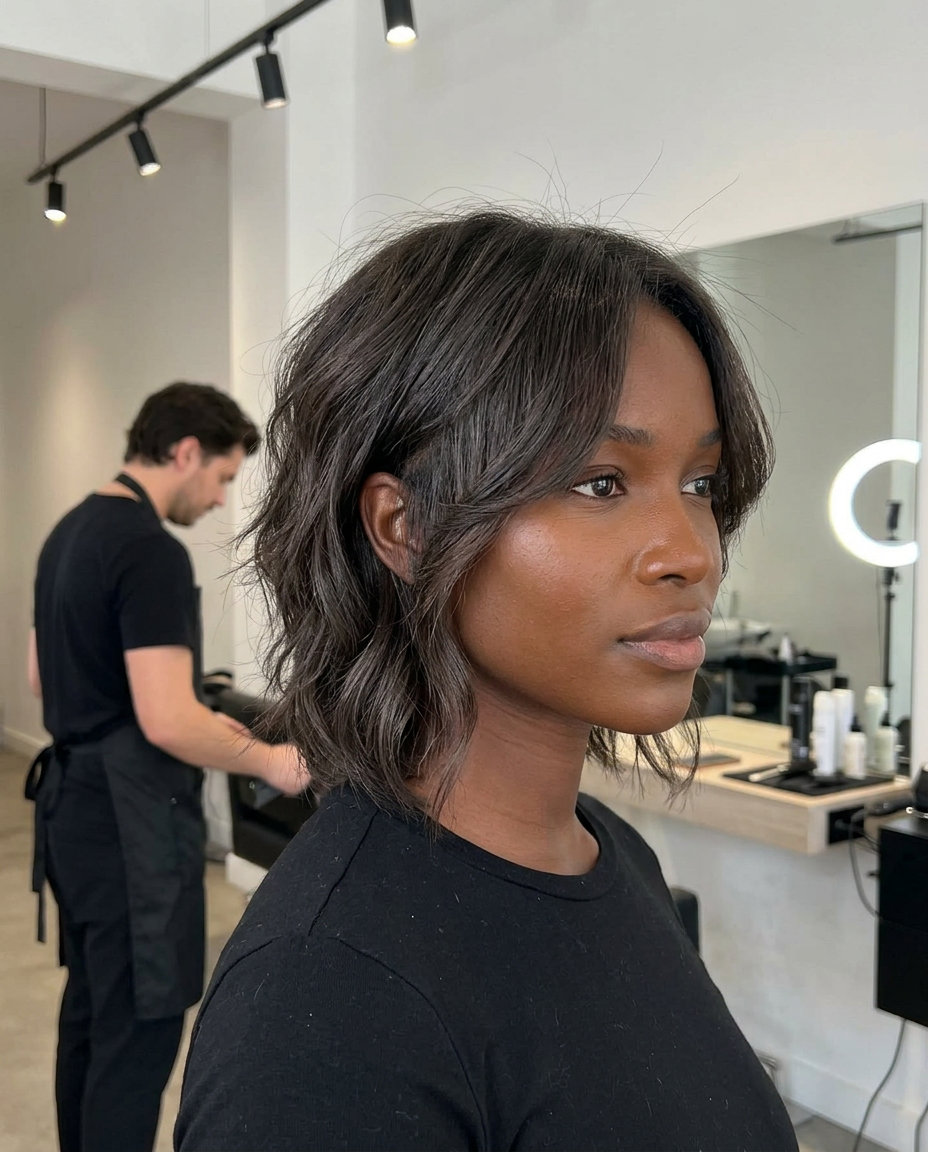 short wavy shag haircut in dark brown with ash lowlights and hidden undercut for edgy look