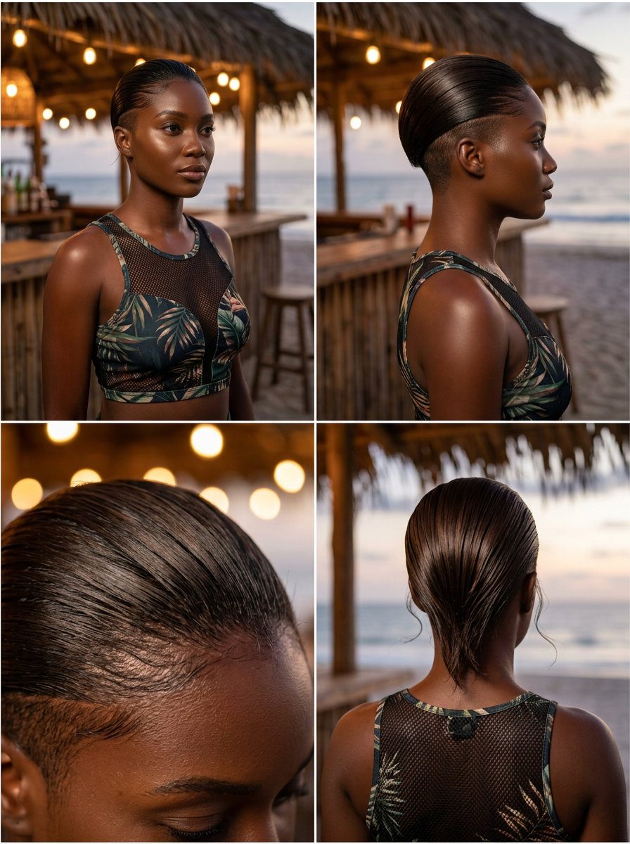 short slicked back undercut with dark brown color, high-gloss finish, for night outs