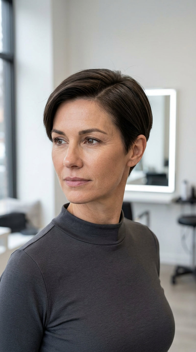 very short precise crop haircut in natural dark brown with high-gloss finish, scissor-over-comb technique — sophisticated