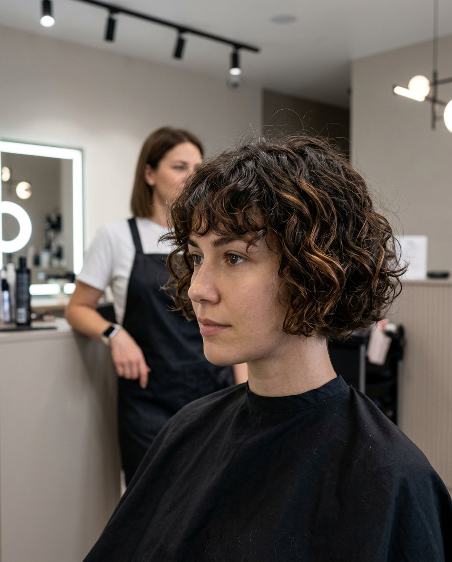 short bob haircut in dark brunette with chestnut babylights and curly fringe