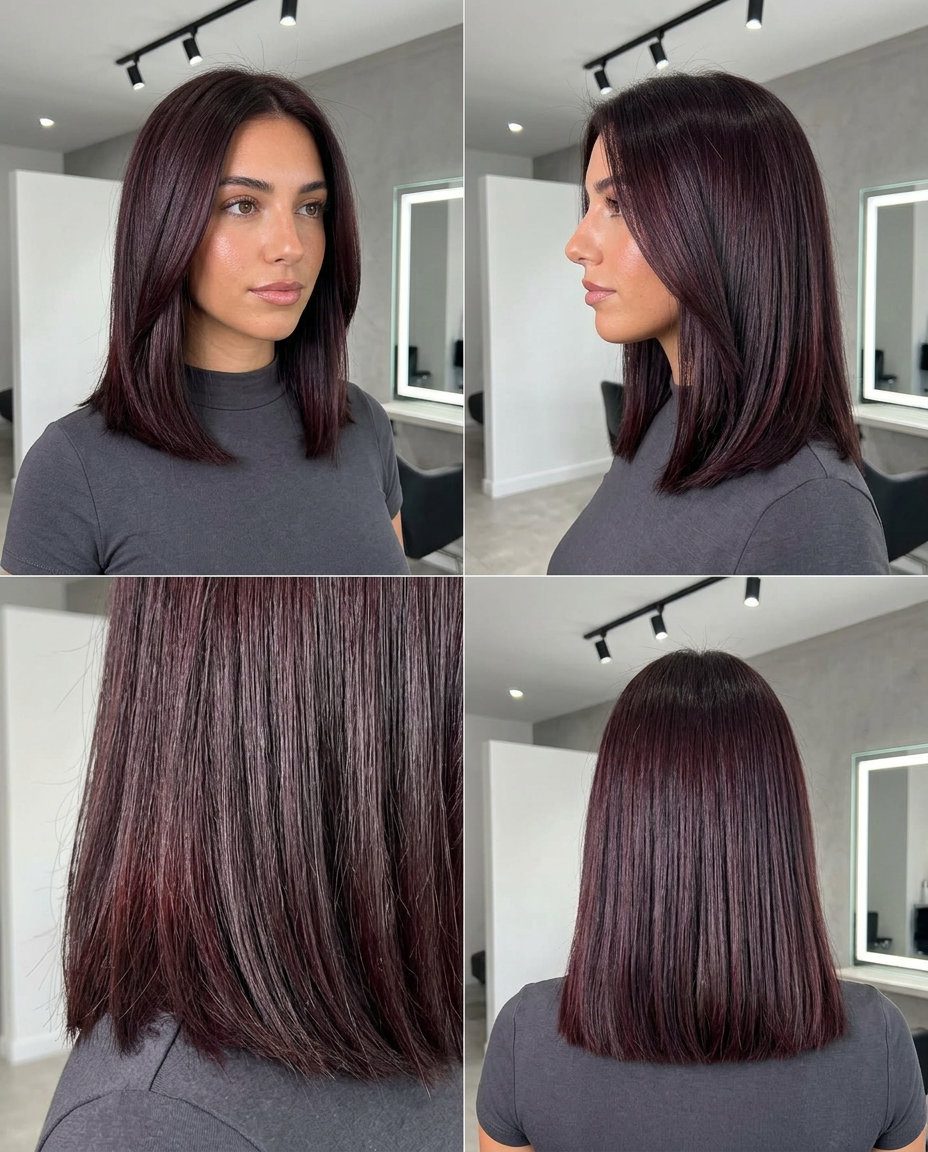 collarbone-length blunt cut in deep brunette with dark cherry undertones for bold looks