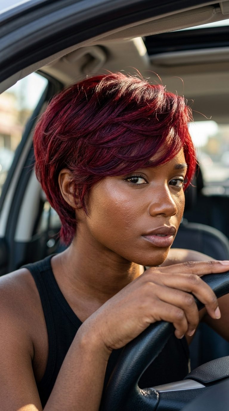Dark Cherry Noir Bixie: Bold Hair 2026 very short bixie haircut in dark cherry red with soft bangs for night out
