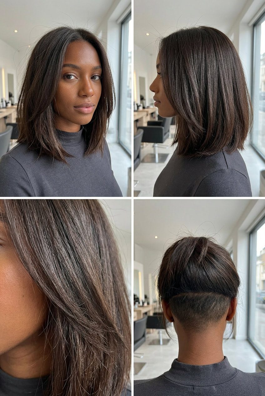 Undercut Lob: Rebellious & Edgy 2026 medium lob haircut in dark chocolate brunette with cool undertones and hidden undercut for edgy looks