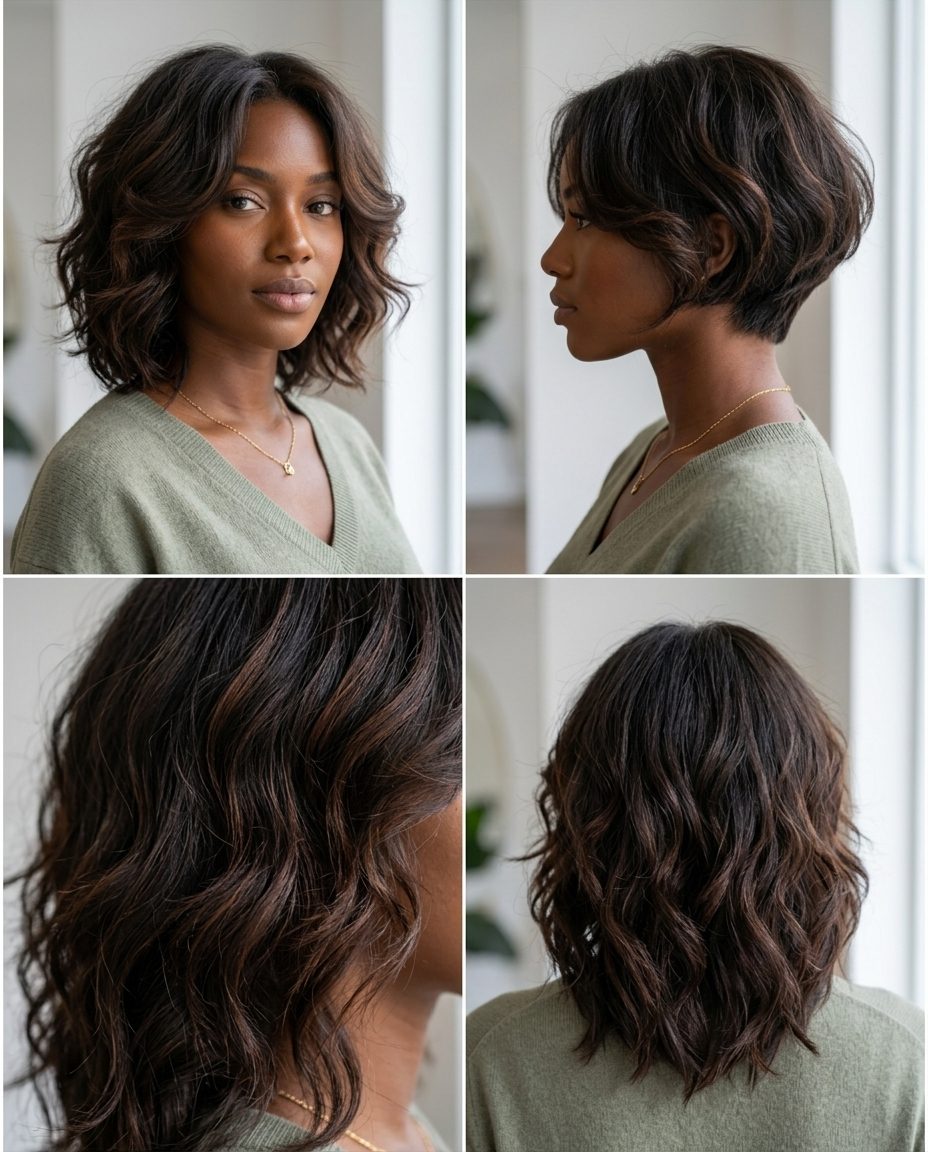 medium-length coily shag haircut in dark chocolate with auburn highlights, rounded layers, and tapered nape for voluminous