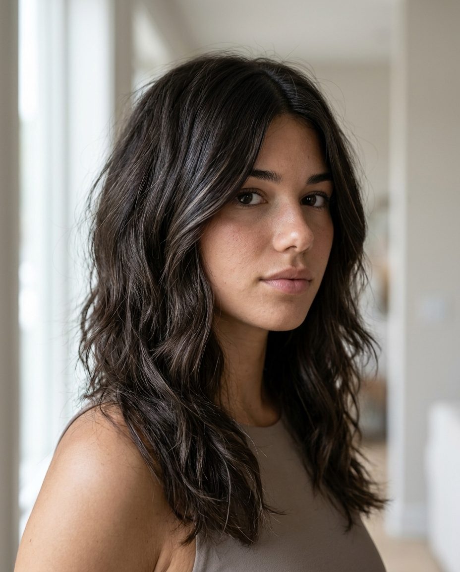 medium wavy shag haircut in dark espresso with ash brown babylights and wispy curtain bangs for lived-in look