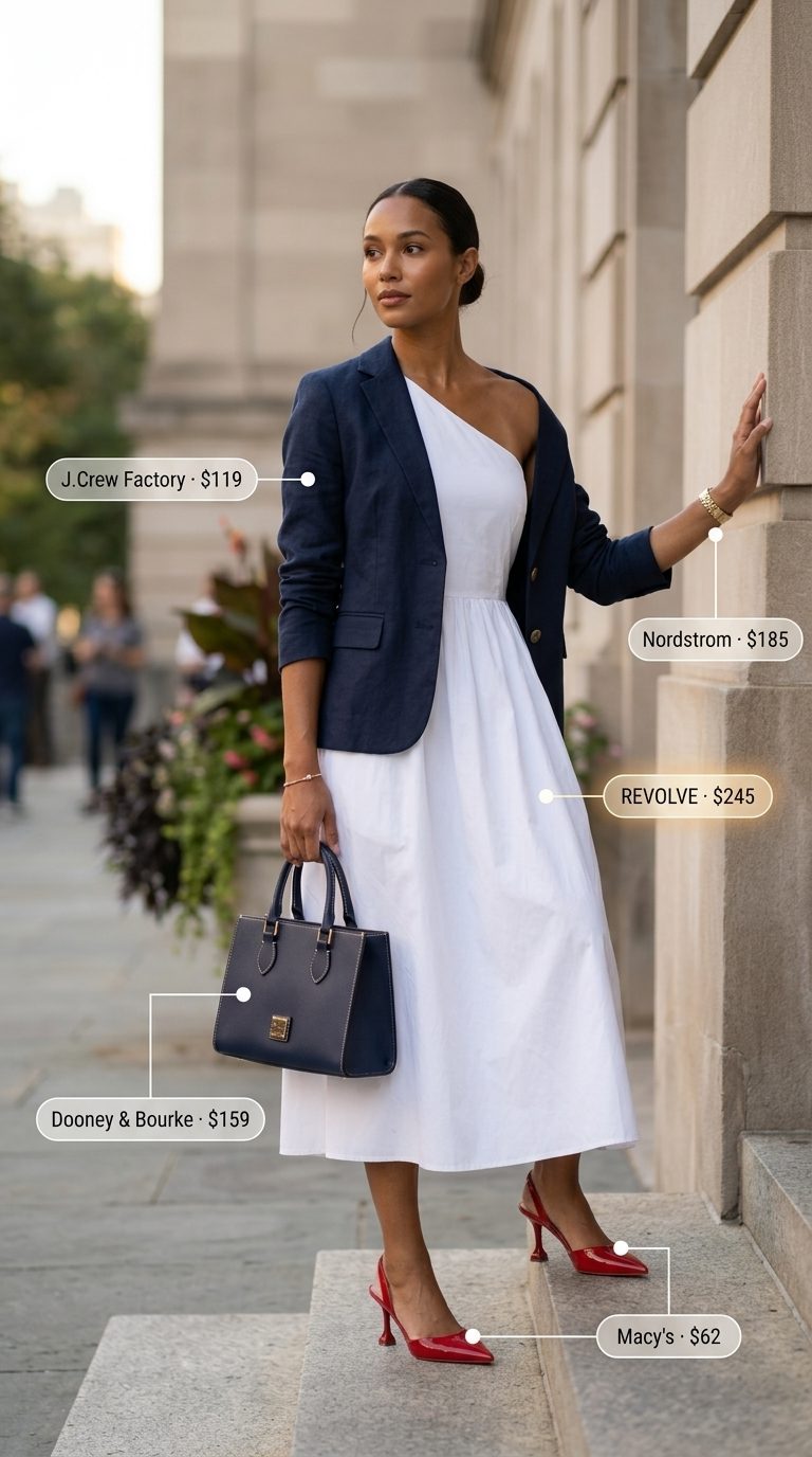 Crisp white A-line midi dress for women 2026, styled for business casual with navy blazer and red heels.