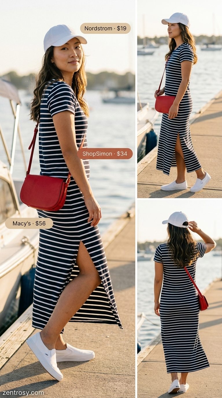 Navy and white stripe maxi t-shirt dress for women 2026, perfect for coastal walks and casual weekends. Paired with sneakers and a red crossbody.
