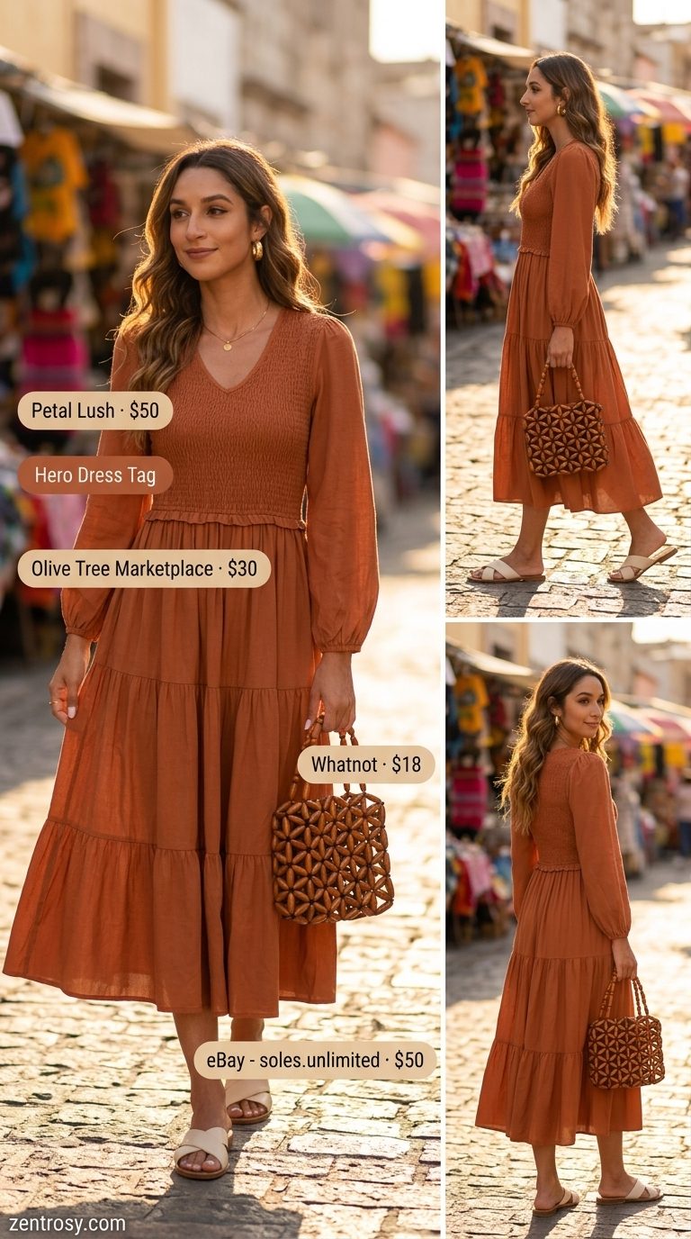 Terracotta orange tiered midi dress for women 2026, perfect for outdoor markets and casual sightseeing. Styled with leather slides and wooden bag.