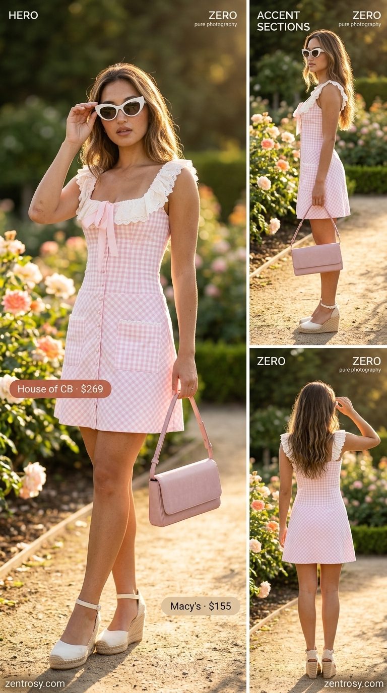 Pink gingham sundress for women 2026, ideal for garden parties with espadrille wedges and cat-eye sunglasses.