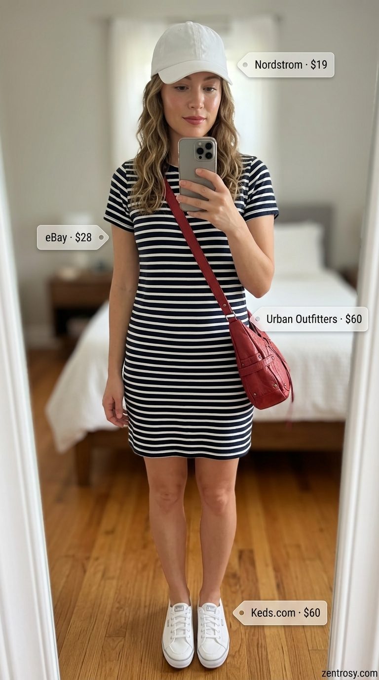Navy and white striped t-shirt mini dress for women 2026, perfect for casual errands and lakeside getaways. Styled with sneakers and a red crossbody.