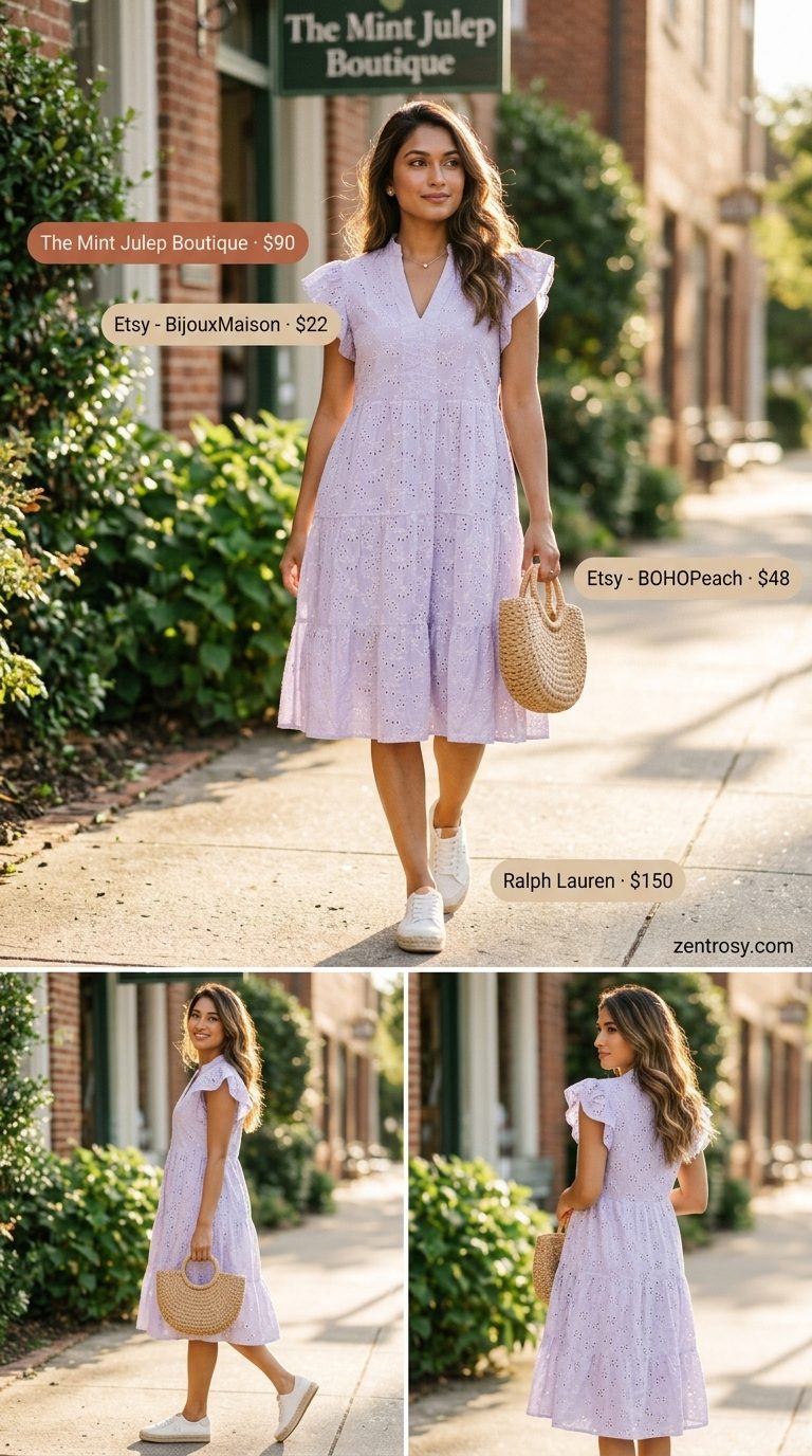 Lavender eyelet mini smock dress for women 2026, perfect for summer picnics and farmer's markets. Styled with espadrilles and a straw bag.