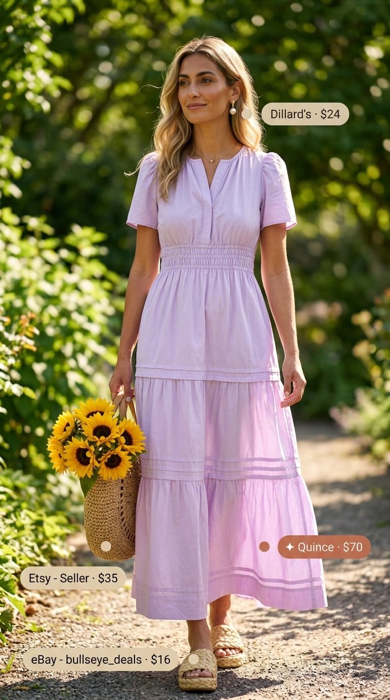 Soft lavender tiered maxi dress for women 2026, dreamy for garden parties with raffia slides and straw tote.