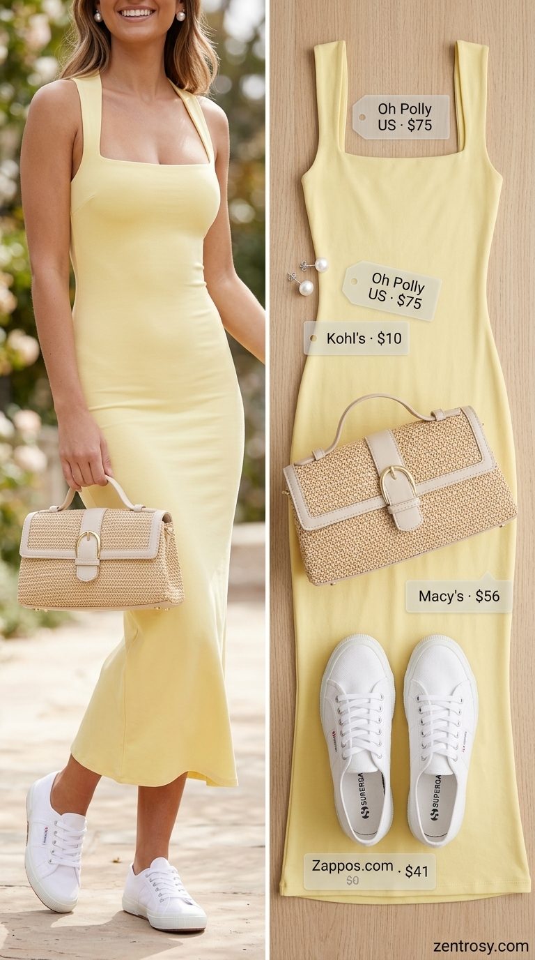 Pastel yellow eyelet midi dress for women 2026, sweet for summer picnics with canvas sneakers and straw bag.